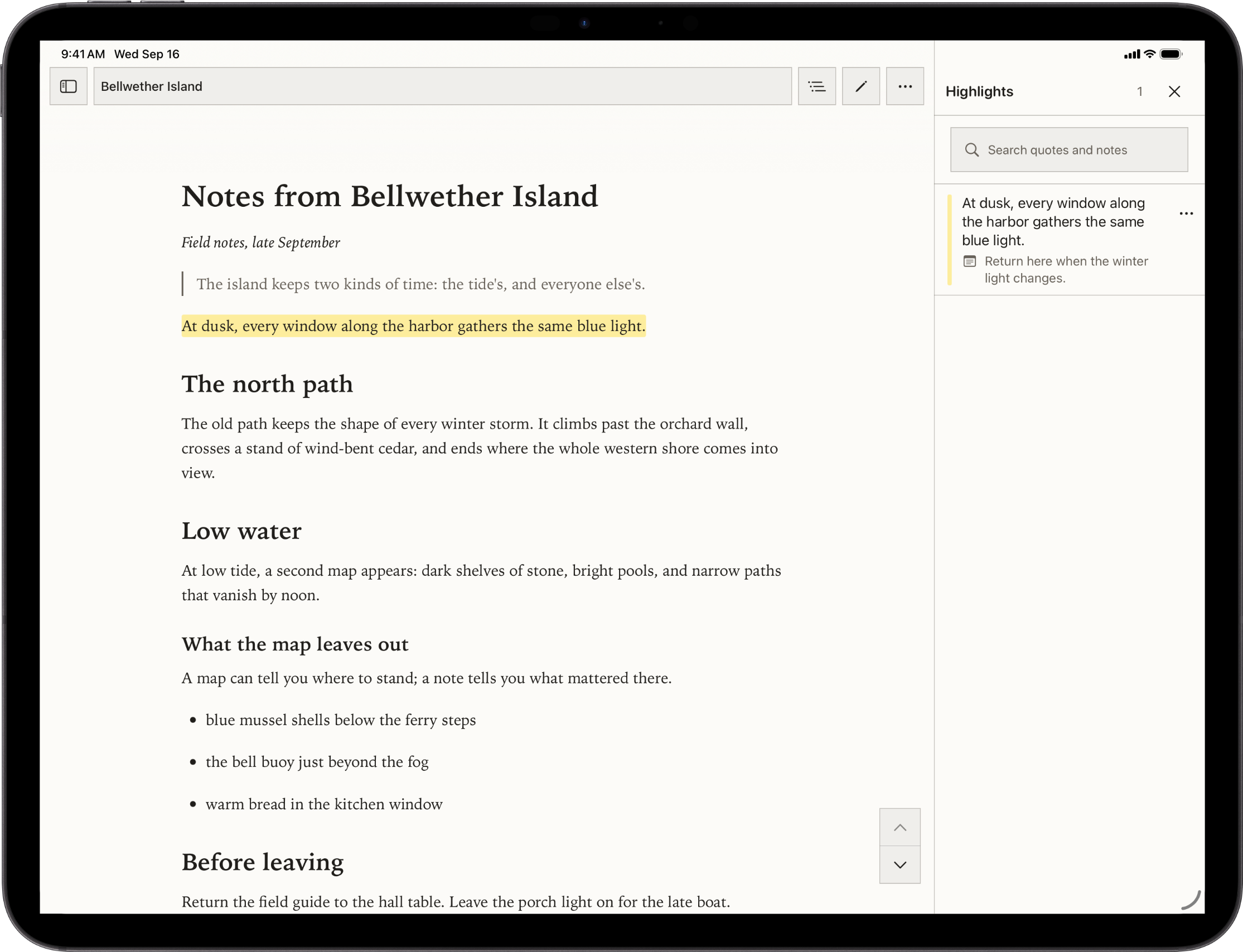 Bifolium's Paper reader on a landscape iPad, with a highlighted passage and its note visible together