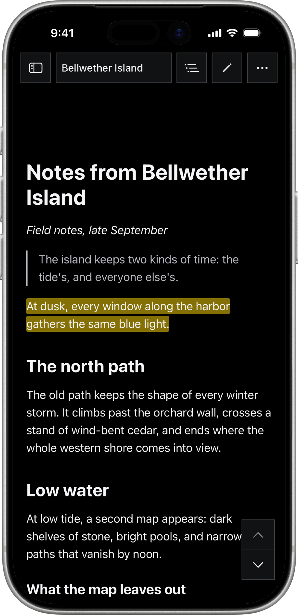 The same page in Bifolium's OLED appearance on iPhone, pale text on black