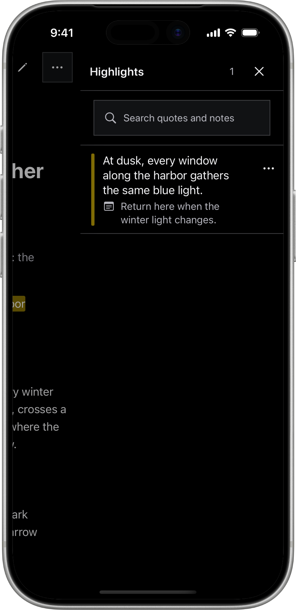 Bifolium on iPhone in the OLED appearance, with a highlighted passage and a note beside it