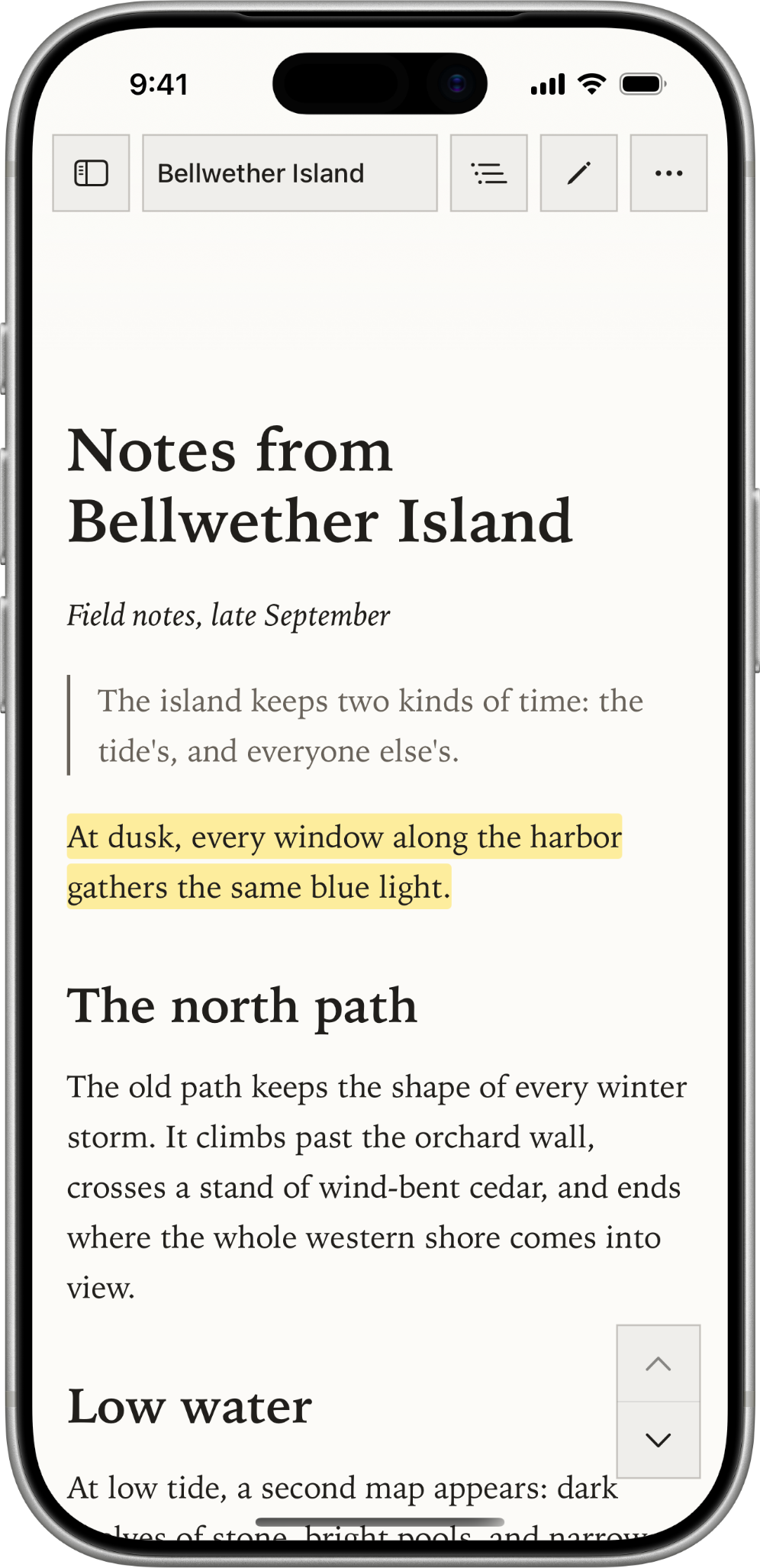 Bifolium's Paper reader on iPhone showing Notes from Bellwether Island with a highlighted sentence