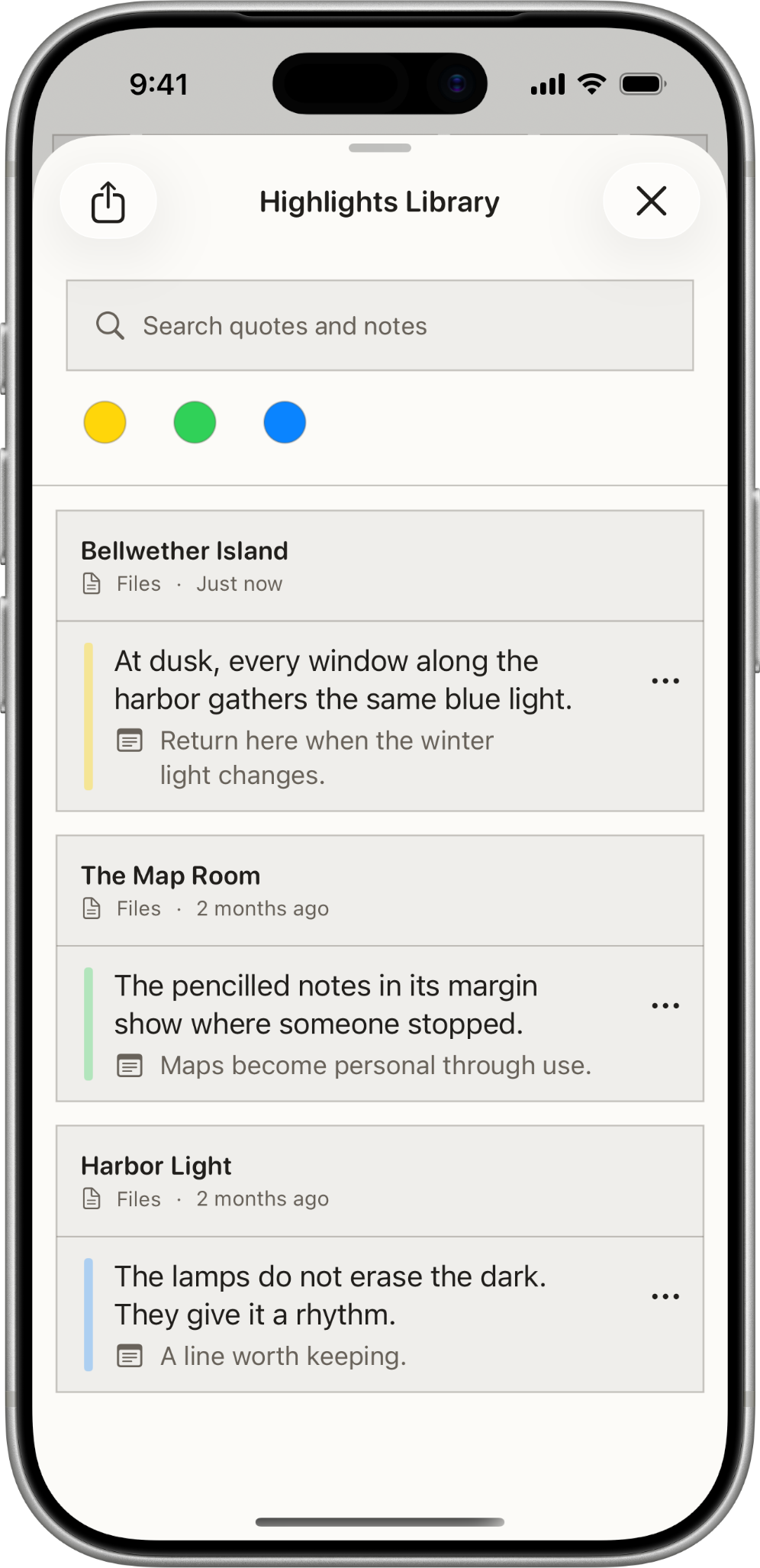 Bifolium's Highlights Library on iPhone in the Paper appearance, listing quotes and notes from several documents