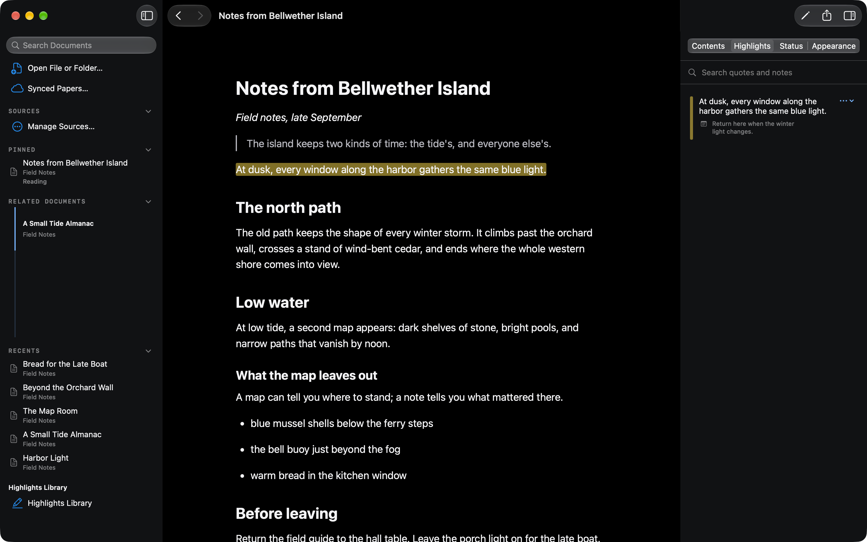 Bifolium's Mac workspace in OLED, with Documents on the left, Notes from Bellwether Island in the center, and Highlights on the right