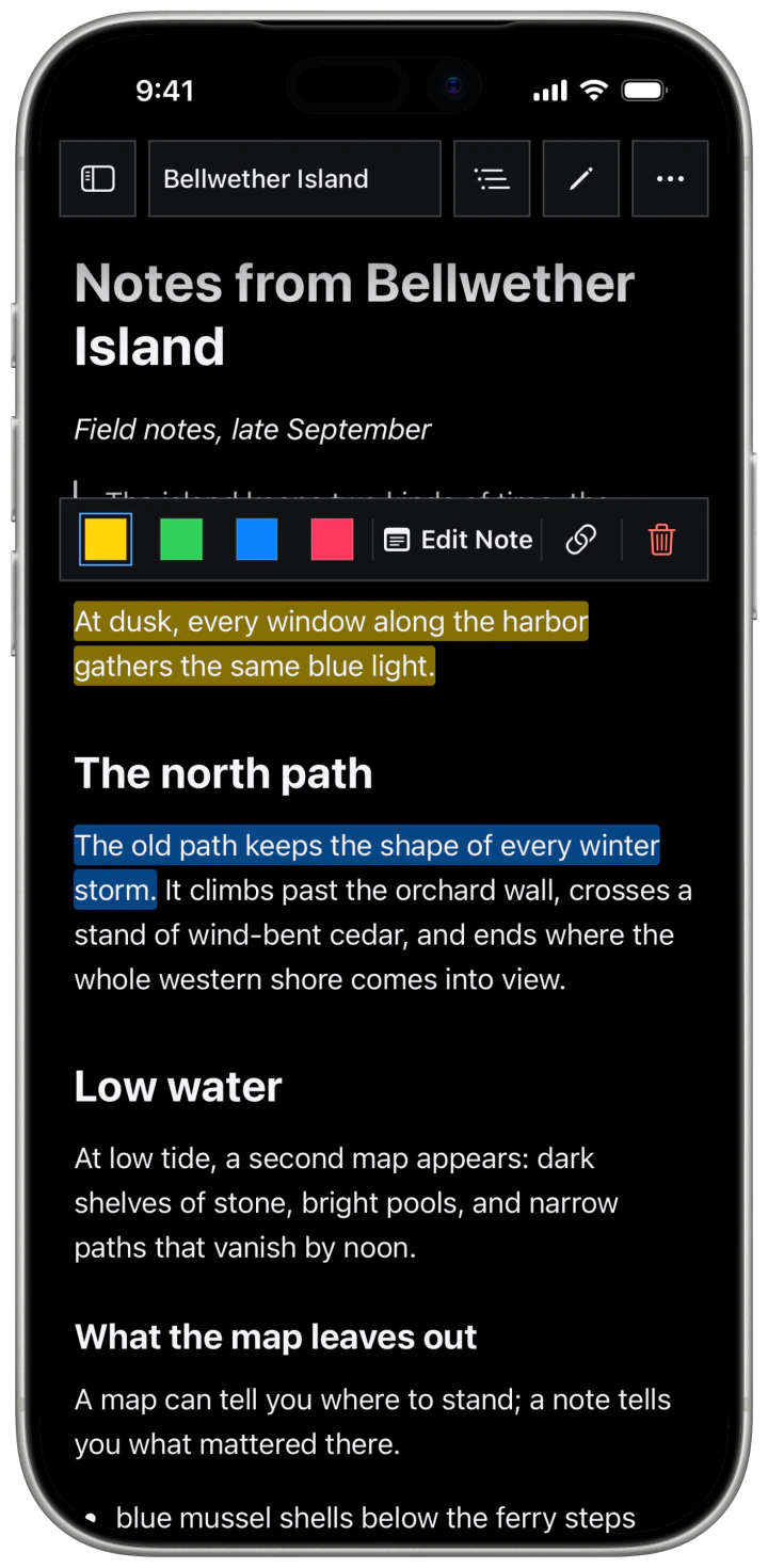 Bifolium on iPhone with a yellow passage selected, its native highlight menu open, and a second blue highlight