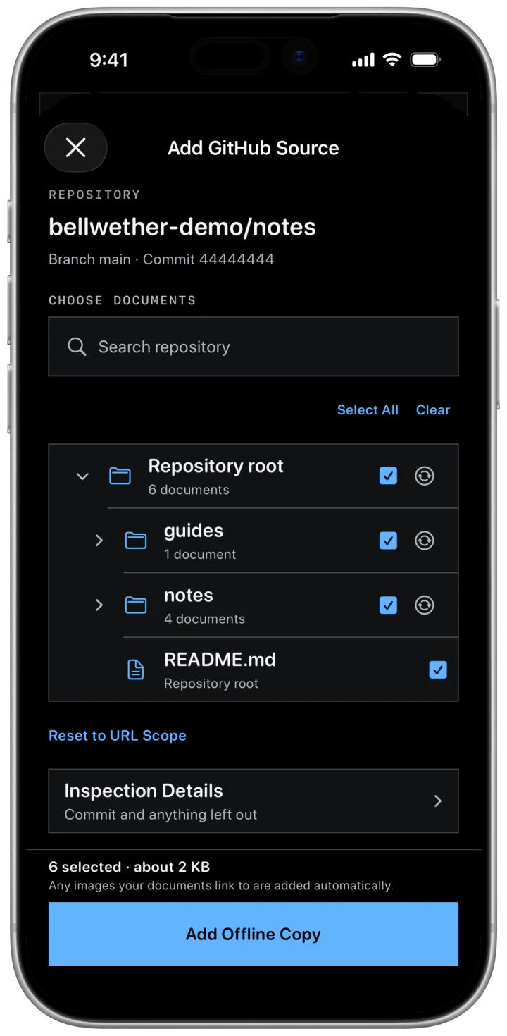 Adding a GitHub source on iPhone in OLED, choosing which folders and documents to keep as an offline copy