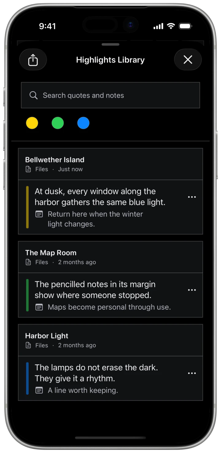 Bifolium’s Highlights Library on iPhone in OLED, with quotes and notes grouped by document