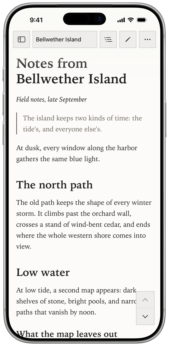 Bifolium’s Paper reader on iPhone showing Notes from Bellwether Island