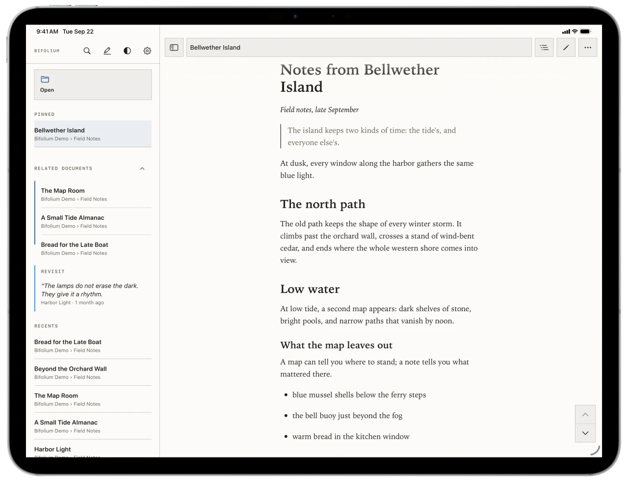 Bifolium’s Paper reader on a landscape iPad, with Related Documents and a Revisit highlight in the sidebar beside the page