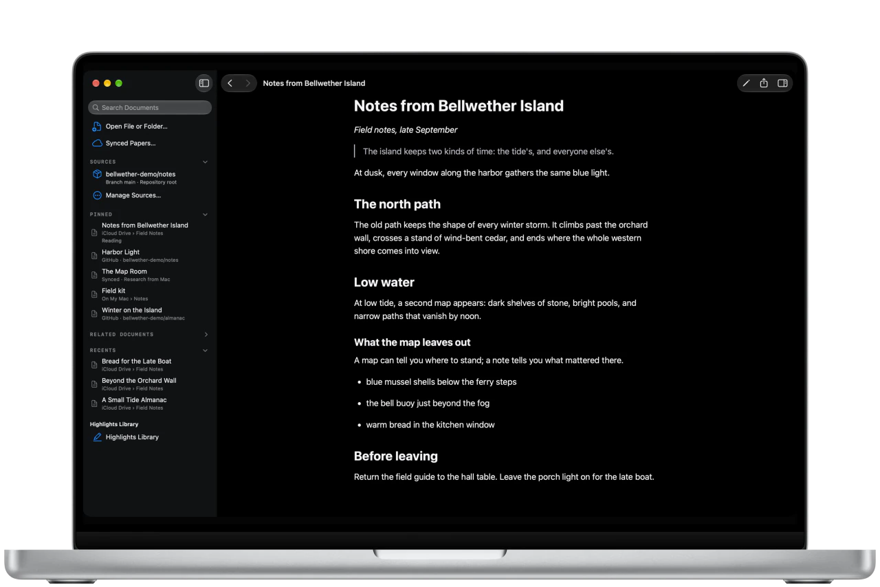 Bifolium’s OLED reader on Mac with a GitHub source, Synced papers, and pinned documents from several places in the sidebar